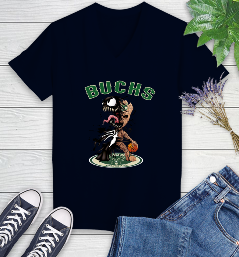 NBA Milwaukee Bucks Basketball Venom Groot Guardians Of The Galaxy Women's V-Neck T-Shirt 3