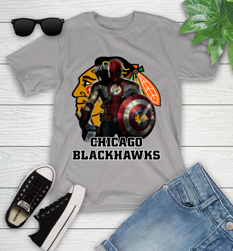 NHL Captain America Thor Spider Man Hawkeye Avengers Endgame Hockey Chicago Blackhawks Youth T-Shirt 4