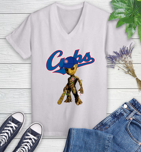 MLB Chicago Cubs Groot Guardians Of The Galaxy Baseball Women's V-Neck T-Shirt