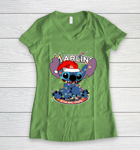 Miami Marlins MLB noel stitch Baseball Christmas Women's V-Neck T-Shirt 5