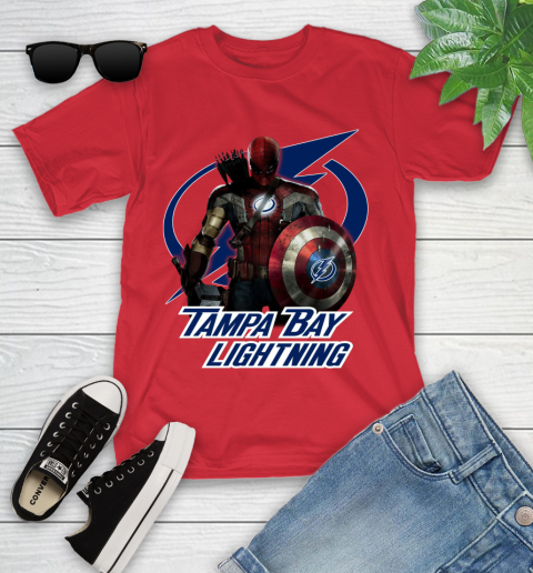 NHL Captain America Thor Spider Man Hawkeye Avengers Endgame Hockey Tampa Bay Lightning Youth T-Shirt 10