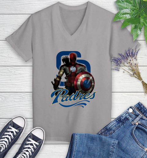 MLB Captain America Thor Spider Man Hawkeye Avengers Endgame Baseball San Diego Padres Women's V-Neck T-Shirt 4