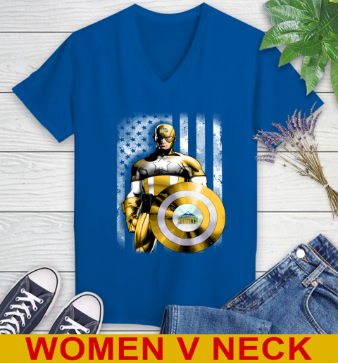 Denver Nuggets NBA Basketball Captain America Marvel Avengers American Flag Shirt Women's V-Neck T-Shirt 9