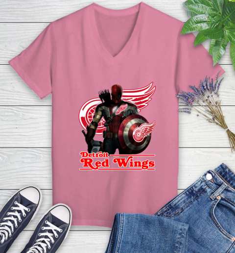NHL Captain America Thor Spider Man Hawkeye Avengers Endgame Hockey Detroit Red Wings Women's V-Neck T-Shirt 13