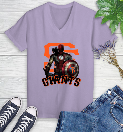 MLB Captain America Thor Spider Man Hawkeye Avengers Endgame Baseball San Francisco Giants Women's V-Neck T-Shirt 14