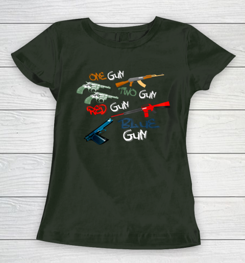 One Gun Two Gun Red Gun Blue Gun Funny Women's T-Shirt 4