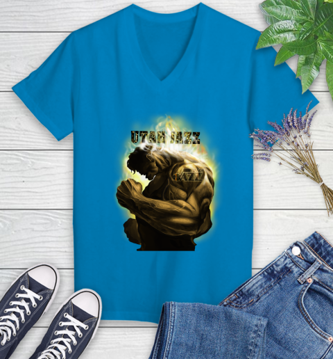 Utah Jazz NBA Basketball Hulk Marvel Avengers Sports Women's V-Neck T-Shirt 7