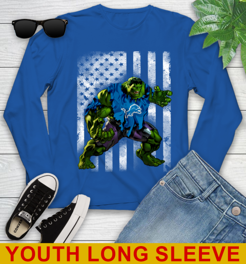 Detroit Lions Hulk Marvel Avengers NFL Football American Flag Youth Long Sleeve 10