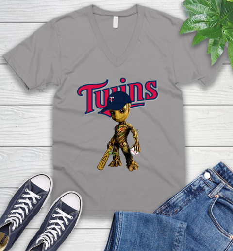 MLB Minnesota Twins Groot Guardians Of The Galaxy Baseball V-Neck T-Shirt 4