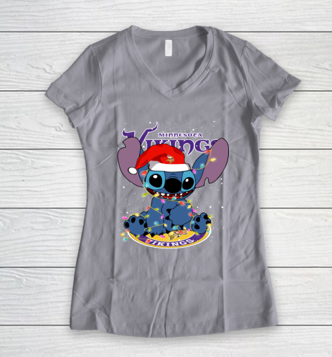 Minnesota Vikings NFL Football noel stitch Christmas Women's V-Neck T-Shirt 2