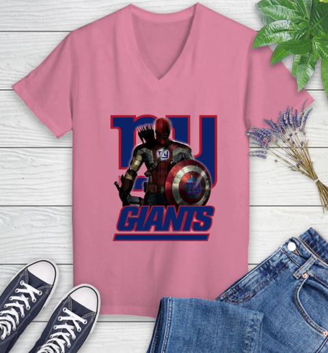 NFL Captain America Thor Spider Man Hawkeye Avengers Endgame Football New York Giants Women's V-Neck T-Shirt 13