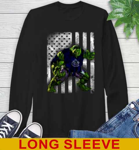 Vancouver Canucks Hulk Marvel Avengers NHL Hockey American Flag Long Sleeve T-Shirt