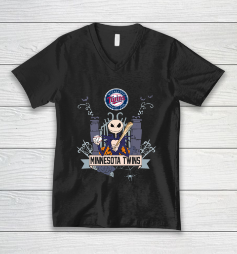 MLB Minnesota Twins Baseball Jack Skellington Halloween V-Neck T-Shirt