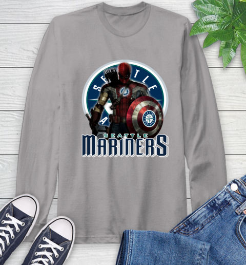 MLB Captain America Thor Spider Man Hawkeye Avengers Endgame Baseball Seattle Mariners Long Sleeve T-Shirt 6