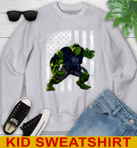 New York Yankees Hulk Marvel Avengers MLB Baseball American Flag Youth Sweatshirt 3