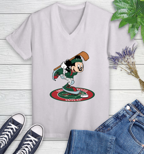 NHL Hockey Minnesota Wild Cheerful Mickey Disney Shirt Women's V-Neck T-Shirt 2