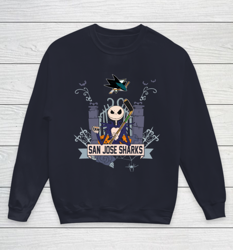 NHL San Jose Sharks Hockey Jack Skellington Halloween Youth Sweatshirt 2