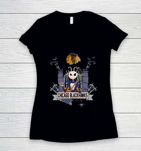 NHL Chicago Blackhawks Hockey Jack Skellington Halloween Women's V-Neck T-Shirt