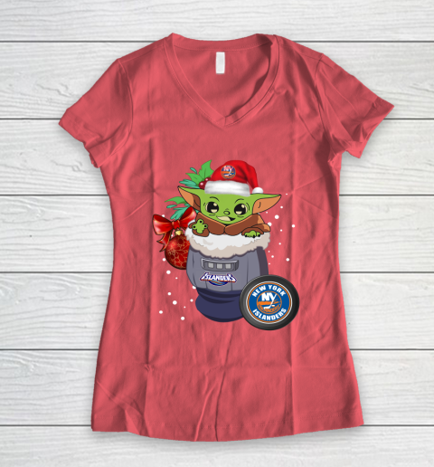 New York Islanders Christmas Baby Yoda Star Wars Funny Happy NHL Women's V-Neck T-Shirt 6