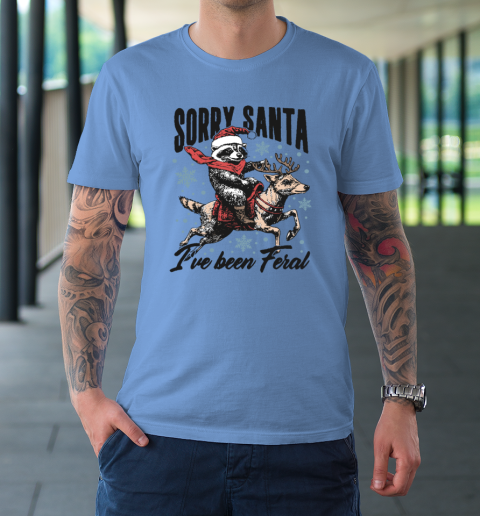 Vintage Sorry Santa I've Been Feral Raccoon Riding Horse Christmas T-Shirt 7