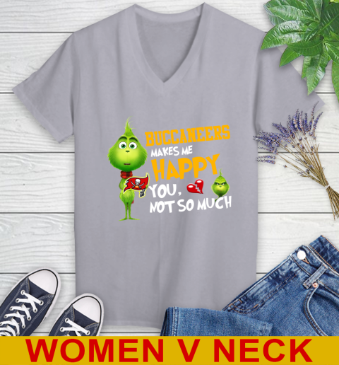NFL Tampa Bay Buccaneers Makes Me Happy You Not So Much Grinch Football Sports Women's V-Neck T-Shirt 4