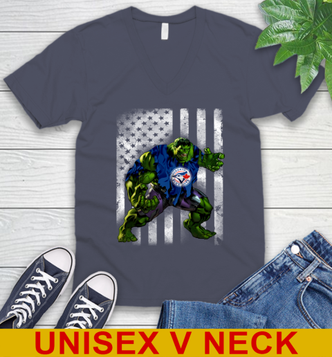 Toronto Blue Jays Hulk Marvel Avengers MLB Baseball American Flag V-Neck T-Shirt 7