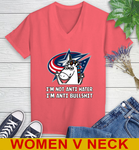 Columbus Blue Jackets NHL Hockey Unicorn I'm Not Anti Hater I'm Anti Bullshit Women's V-Neck T-Shirt 7