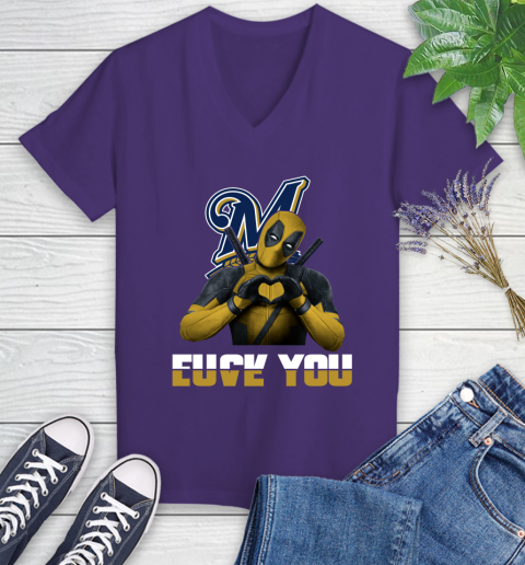 MLB Milwaukee Brewers Deadpool Love You Fuck You Baseball Sports Women's V-Neck T-Shirt 3
