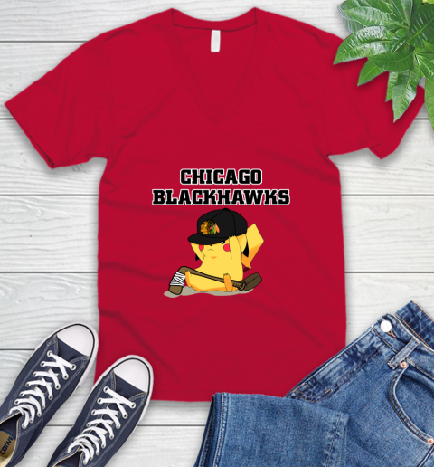 NHL Pikachu Hockey Sports Chicago Blackhawks V-Neck T-Shirt 7