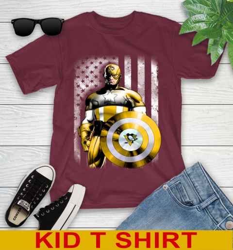 Pittsburgh Penguins NHL Hockey Captain America Marvel Avengers American Flag Shirt Youth T-Shirt 5