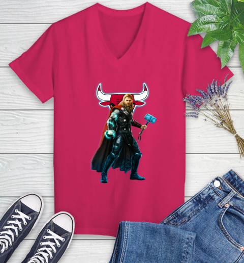 NBA Thor Avengers Endgame Basketball Chicago Bulls Women's V-Neck T-Shirt 9