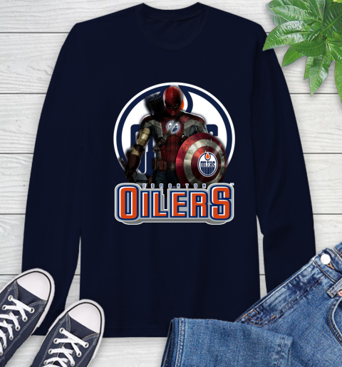 NHL Captain America Thor Spider Man Hawkeye Avengers Endgame Hockey Edmonton Oilers Long Sleeve T-Shirt 4