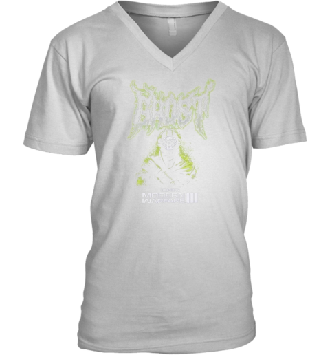 Modern Warfare III Ghost Metal V-Neck T-Shirt 0vl5 modern warfare iii ghost metal v neck unisex 8 front white