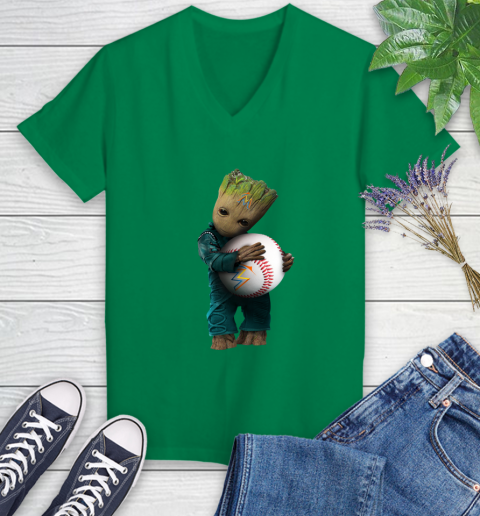 MLB Groot Guardians Of The Galaxy Baseball Sports Miami Marlins Women's V-Neck T-Shirt 5