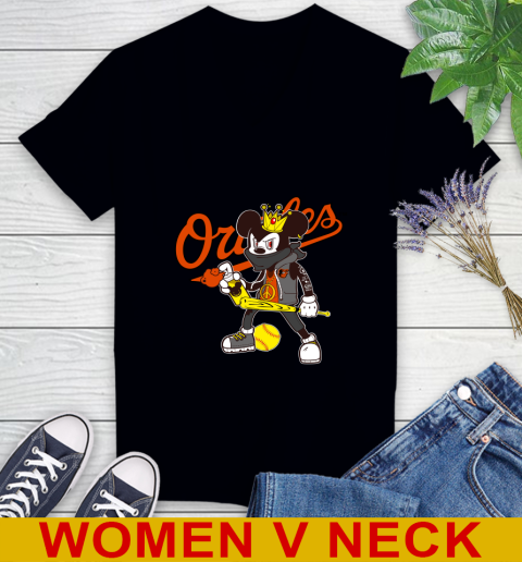 Baltimore Orioles MLB Baseball Mickey Peace Sign Sports Women's V-Neck T-Shirt 2