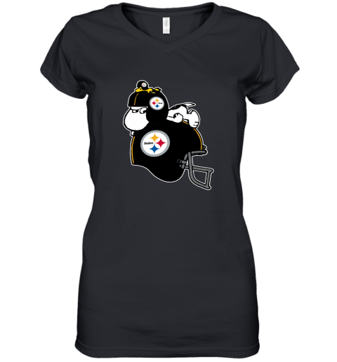 Snoopy And Woodstock Resting On Pittsburg Steelers Helmet Women's V-Neck T-Shirt