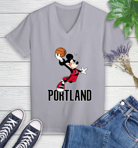 NBA Basketball Portland Trail Blazers Cheerful Mickey Mouse Shirt Women's V-Neck T-Shirt 4