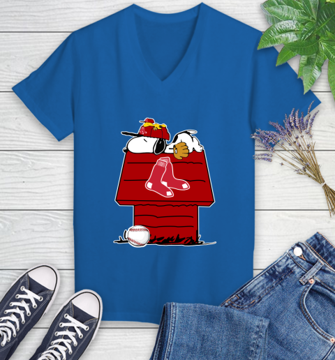 MLB Boston Red Sox Snoopy Woodstock The Peanuts Movie Baseball T Shirt Women's V-Neck T-Shirt 10
