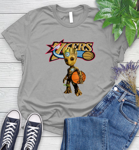 Philadelphia 76ers NBA Basketball Groot Marvel Guardians Of The Galaxy Women's T-Shirt 10