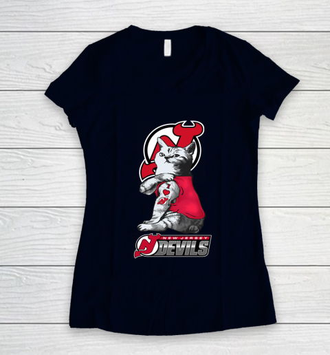 NHL My Cat Loves New Jersey Devils Hockey Women's V-Neck T-Shirt 2