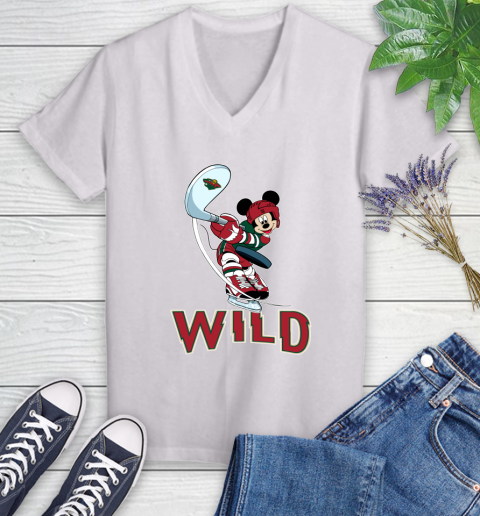 NHL Hockey Minnesota Wild Cheerful Mickey Mouse Shirt Women's V-Neck T-Shirt 2