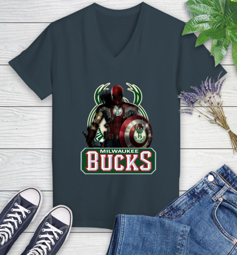 Milwaukee Bucks NBA Basketball Captain America Thor Spider Man Hawkeye Avengers Women's V-Neck T-Shirt 8