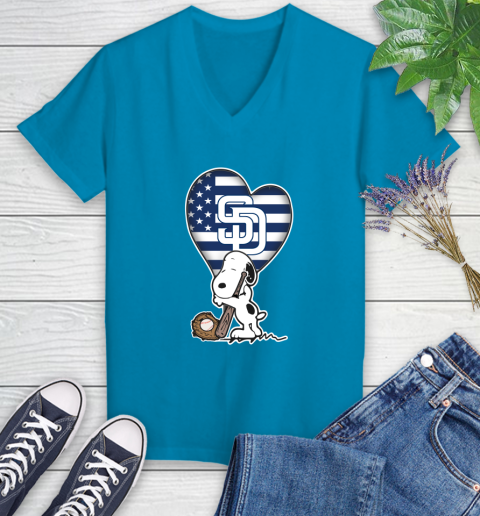 San Diego Padres MLB Baseball The Peanuts Movie Adorable Snoopy Women's V-Neck T-Shirt 7