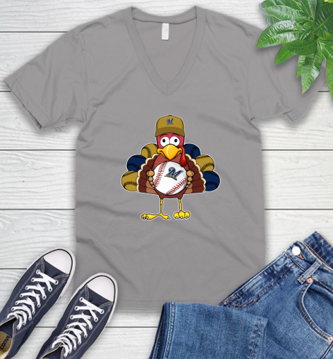 Milwaukee Brewers Turkey thanksgiving V-Neck T-Shirt 4