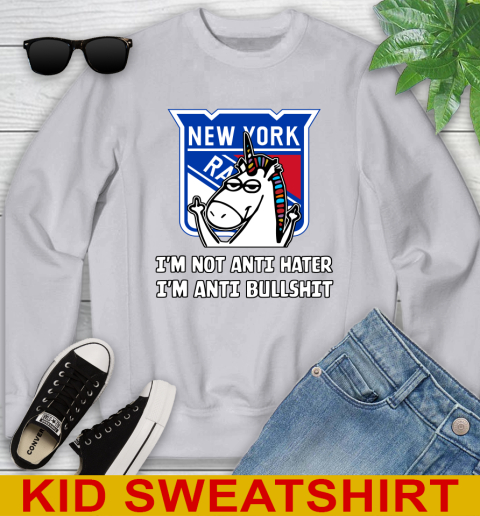New York Rangers NHL Hockey Unicorn I'm Not Anti Hater I'm Anti Bullshit Youth Sweatshirt 4