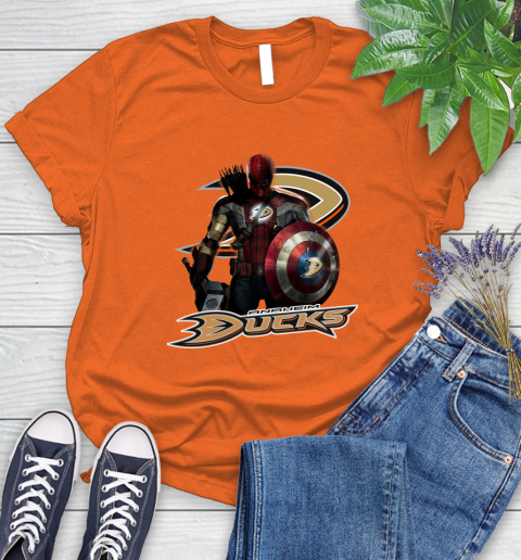 NHL Captain America Thor Spider Man Hawkeye Avengers Endgame Hockey Anaheim Ducks Women's T-Shirt 4