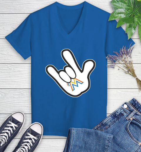 Miami Marlins MLB Baseball Mickey Rock Hand Disney Women's V-Neck T-Shirt 10