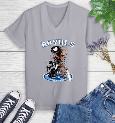 MLB Kansas City Royals Baseball Venom Groot Guardians Of The Galaxy Women's V-Neck T-Shirt 4