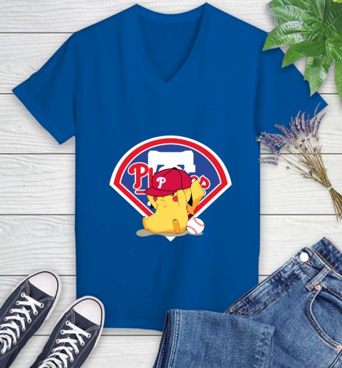 MLB Pikachu Baseball Sports Philadelphia Phillies Women's V-Neck T-Shirt 10