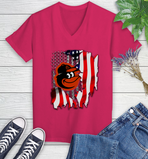 Baltimore Orioles MLB Baseball American Flag Women's V-Neck T-Shirt 9